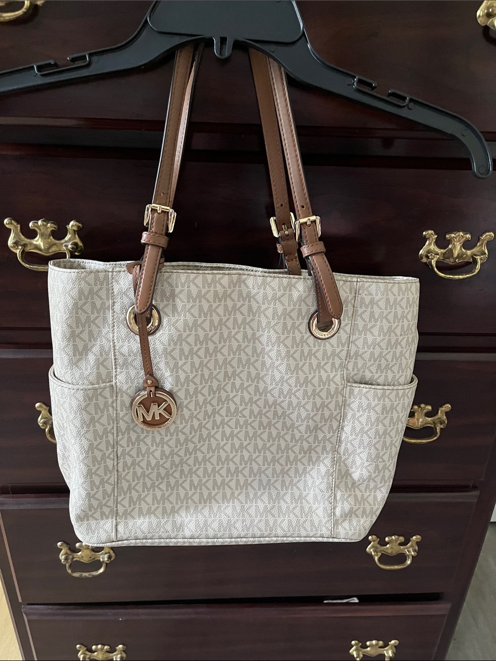 Michael Kors Cream MK Signature Tote with Brown Leather Straps
